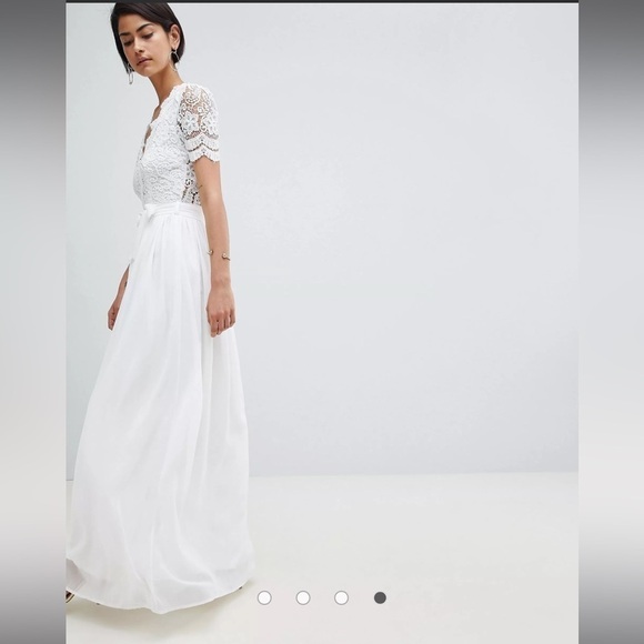 Club L London Maxi Dress Women Size 2 lace Crochet V Neck white Gown Asos b3 - Picture 3 of 14